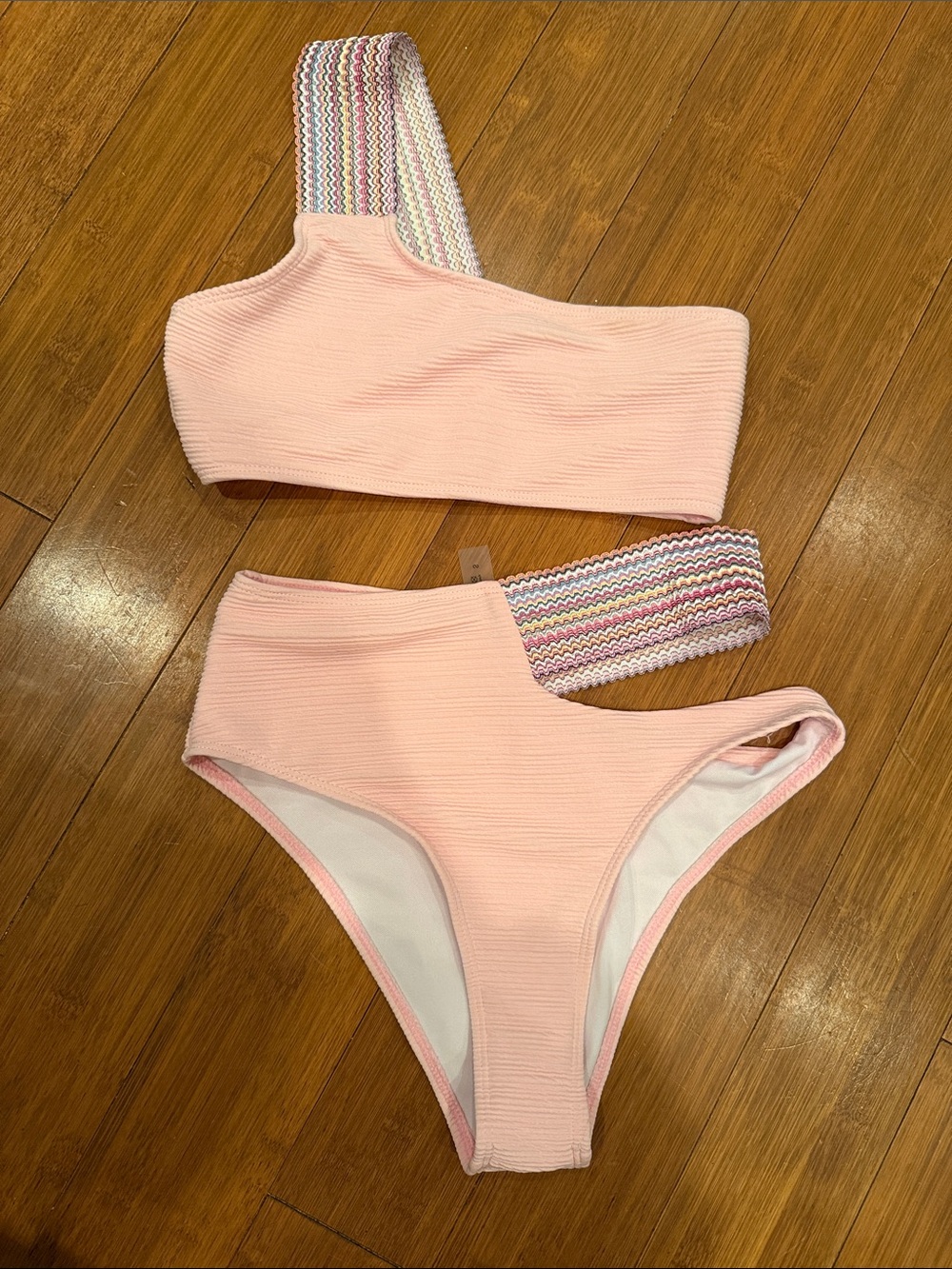 Pink Ribbed One-Shoulder Bikini Set with Striped Elastic